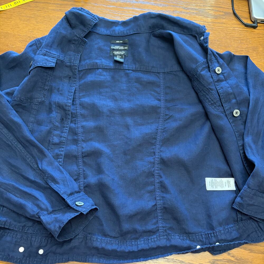 Jones & Co 100% Linen Navy Crop Trucker Jacket Nautical Coastal Minimalist L - Picture 3 of 8